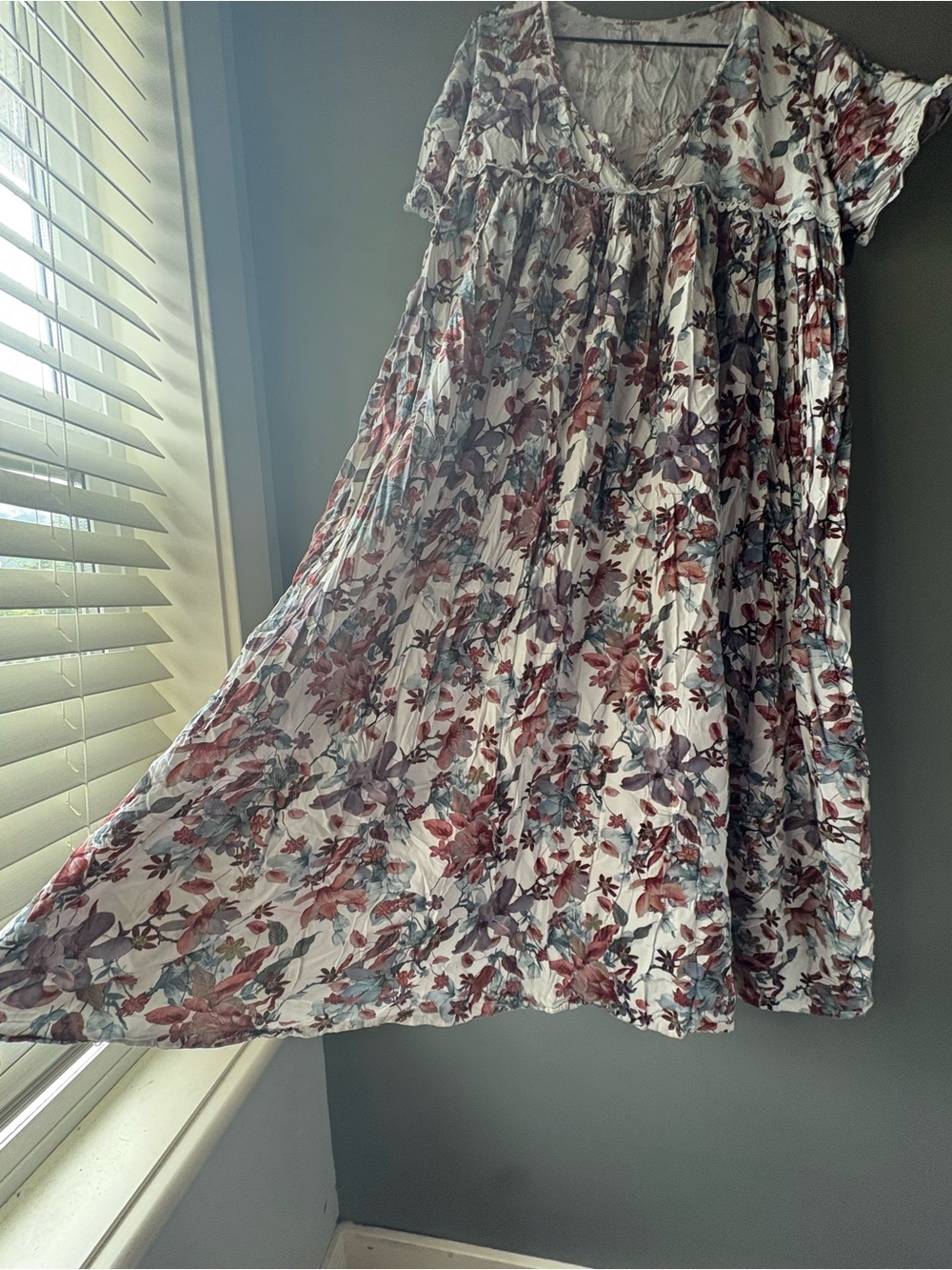 Boho Floral Babydoll Dress Cottagecore Lace Trim Flowy Midi/Lounge Dress - Picture 4 of 6